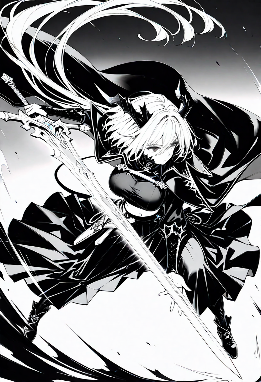 masterpiece, ultra-HD, very aesthetic, 8K, high detail, depth of field, score_9, score_8_up, erfect anatomy, no distorted limbs, accurate anatomy, best quality, absolutely eye-catching, ambient occlusion, whimsical atmosphere, cinematic lighting,
BREAK
1 girl, long bangs,  demon horns, floating hair, cloak, short hair, dragon scales on face, monochrome, shirt, navel, asymmetrical long skirt, long coat lining, solo, holographic, sword, dragon fang-shaped sword, special effects,
sunrise stance, legs apart, huge weapon, foreshortening, full body,
BREAK
ultra-detailed textures, hyper-realistic,  
BREAK
multiple others, solo focus, ,
BREAK
dynamic angle, dynamic pose, 
BREAK
soft focus, motion lines, motion blur, 
BREAK
<lora:NEGATIVE_HANDS:1> <lora:RavenScript :1>  <lora:Ass slider ILTU_alpha16.0_rank32_full_last:0.8>, <lora:Body weight slider IXL 1.0_alpha16.0_rank32_full_last:-1.3>,  <lora:Breasts size slider NNFFS_alpha16.0_rank32_full_last:1>, <lora:age_slider_v4:-1>, <lora:DetailedEyes_V3:1>, <lora:noobai_vpred_1_sunrise_stance_v1:1>