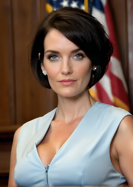 Photo of Edith Klangton wearing a bailiff uniform in court, accusatory glare, Texas State Flag in background, <lora:PerfectEyesXL:0.5>, (detailed beautiful face, detailed, ultra-detailed body:1.1),best quality,photo-realistic,highly detailed,absurdres,cinematic lighting,hyper-realistic,sharp focus,32k resolution,detailxl,SimplePositiveXLv2,