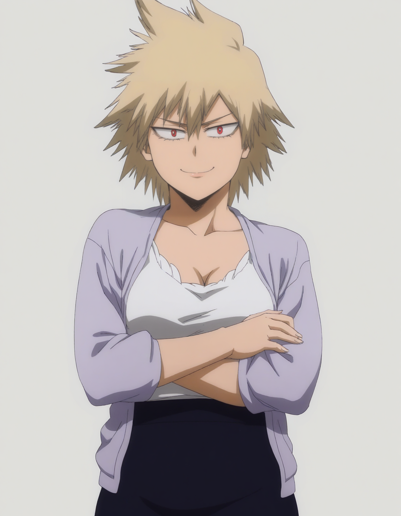 full_body profile, <lora:Sano-BR_Style_PonyxL-000001:0.45>, <lora:modern_anime_screencap_v1_0:0.65> anime screencap, (highres, best quality), zPDXL, 1girl, rating_safe, solo,
<lora:m1tsuk1xl:0.8> m1tsuk1xl, red eyes, blonde hair, gentle smile, looking at viewer, posing for photo, arms crossed,
white shirt, purple cardigan, black skirt, 
<lora:Pony_DetailV2.0:0.5>
megami monthly magazine cover, pinup, white background,