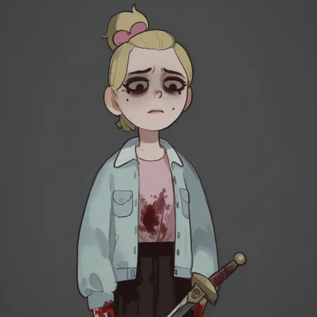 Sasha, 1girl, alone, short stature, blonde hair tied in a ponytail with a dark pink bow, mole on left cheek, light blue jacket, light pink shirt,
Mossastyle
Sasha with a sad, dull look and dark circles under her eyes. Sasha cries as she (((hugs a sword)))). Blood on her hands, blood on her clothes.. Half body