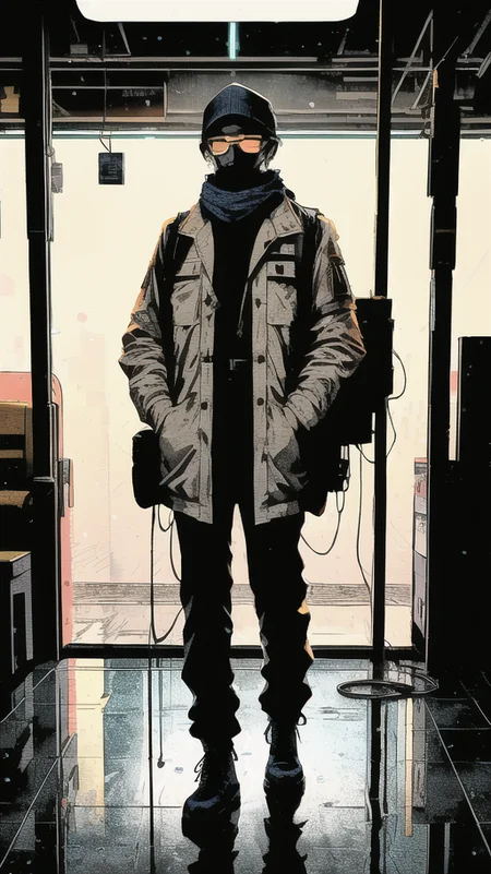 military man, waiting for train, white warm jacket, hiking boots, neck warmer, military backpack, listening to music, reflective floor, very cold, snowing, strong wind, narrow sunglasses, wet floor, radio backpack, half body portrait, fleece mask, a lot of scarf, (orange light, blue light:1.3), power lines, cables