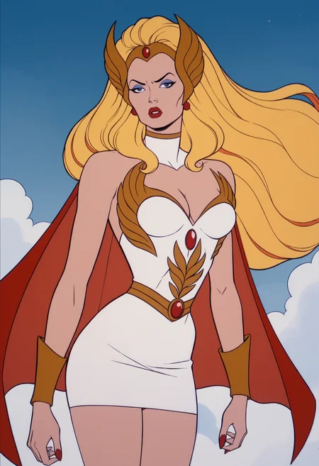 score_9, score_8_up, score_7_up, score_6_up, BREAK, 1girl,   <lora:She-Ra_Pony:1> she-r4, blonde hair, long hair, cape, white dress, minidress, bare shoulders, retro artstyle, makeup, red lips, sexy pose, cleavage, pouting lips
