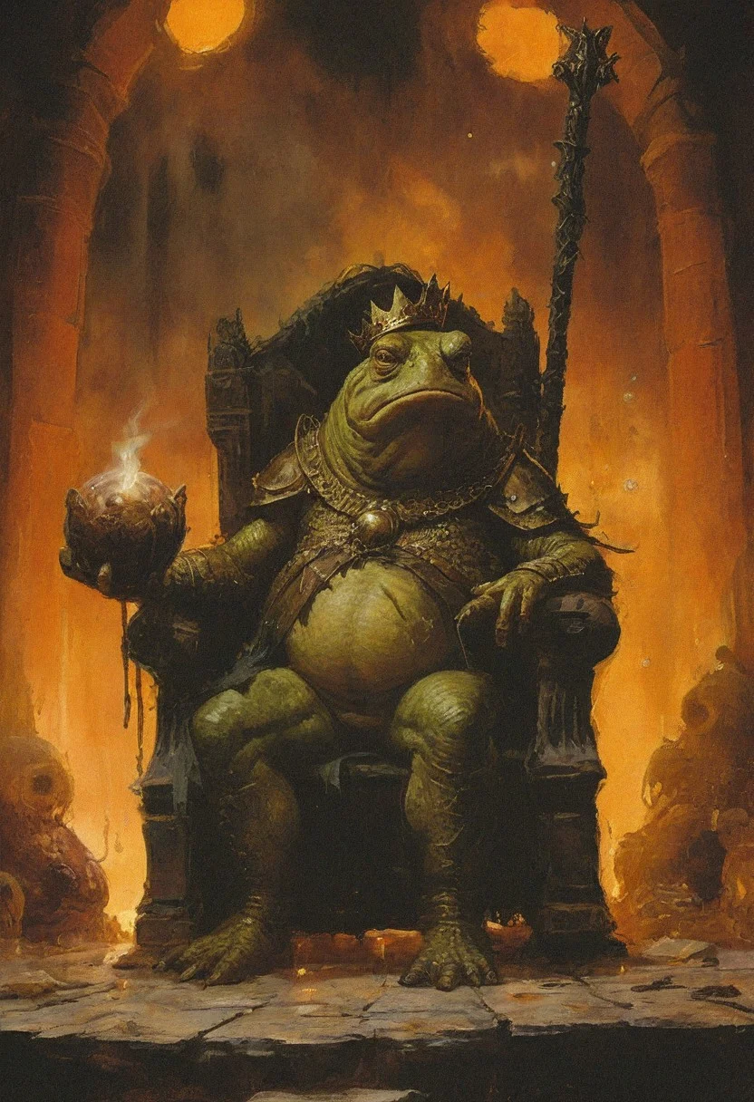 King Toad sits majestically on his kingly chair, a giant toad whose crown glints in the dim light of his throne room. In one webbed hand, he holds a scepter, symbolizing his unchallenged rule over the swamp lands. The other grips a smokey glass filled with a caustic liquid that bubbles ominously. Around him, minions scurry, their arms laden with plates of sausages, a feast for their ruler. The air is filled with a mix of reverence and trepidation, as all who enter his domain acknowledge his supreme authority.,
in the style of the decaying empire of Wurstreich, dark magic and grotesque creatures abound, inspired by Sean Aaberg's punk aesthetic, dark fantasy world combines grim landscapes with vibrant, exaggerated colorful art, heroes skirmish monstrous foes in a setting where rebellion, decay, and mysticism intertwine, crafting a unique, immersive vibe
, the scene is captured in dimly lit dark fantasy but vibrant colors, with bold ink lines defining form against the watercolor wash of the aged paper