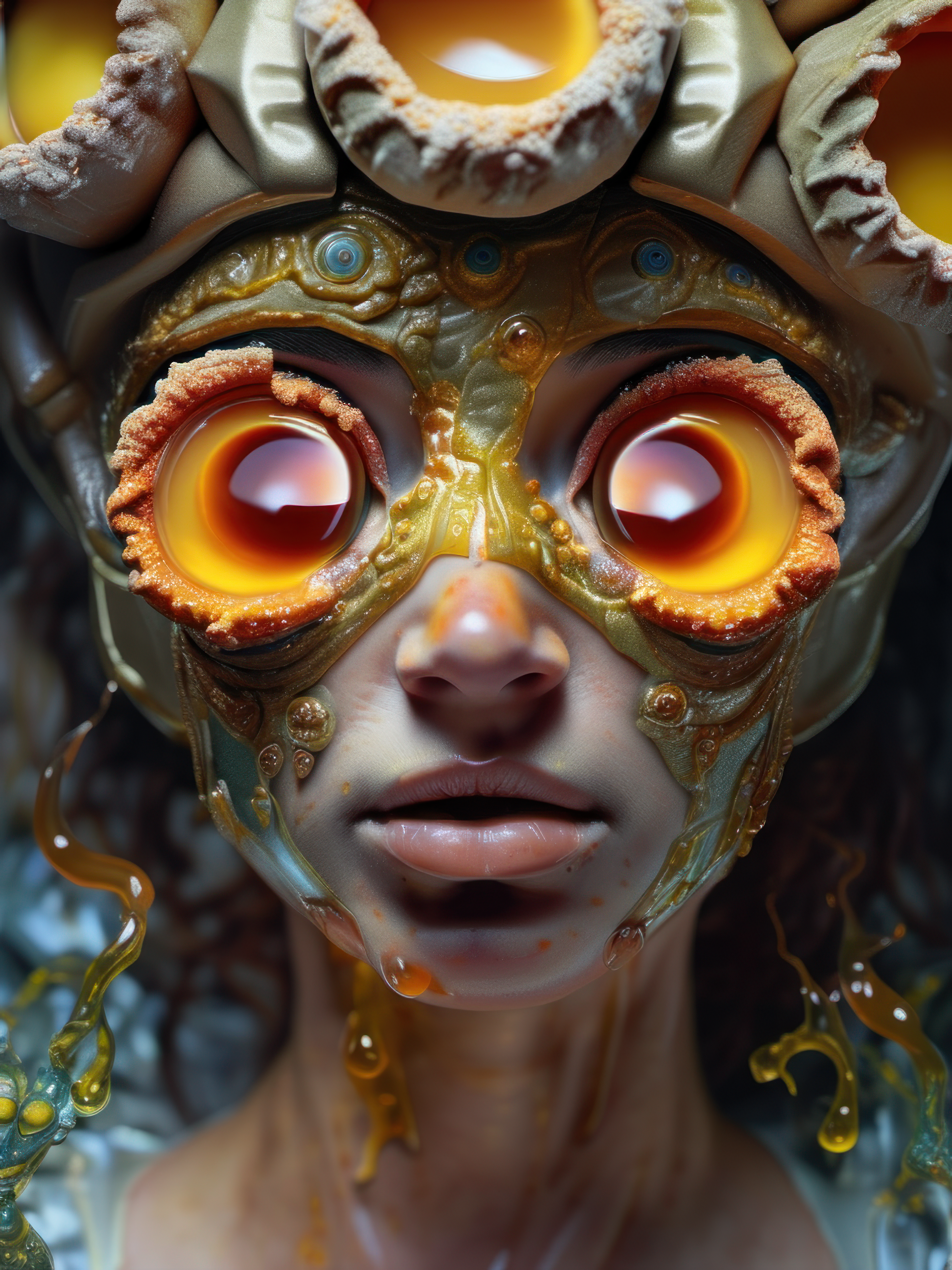 art by Jon Dyer Baizley, woman dripping egg yolks, eyes dripping honey.  skin texture, highly detailed eyes, hyperrealism, highly detailed skin, intricate details, best quality, 8k, (art by alphonse mucha),  <lora:sdxl_photorealistic_slider_v1:1.5>