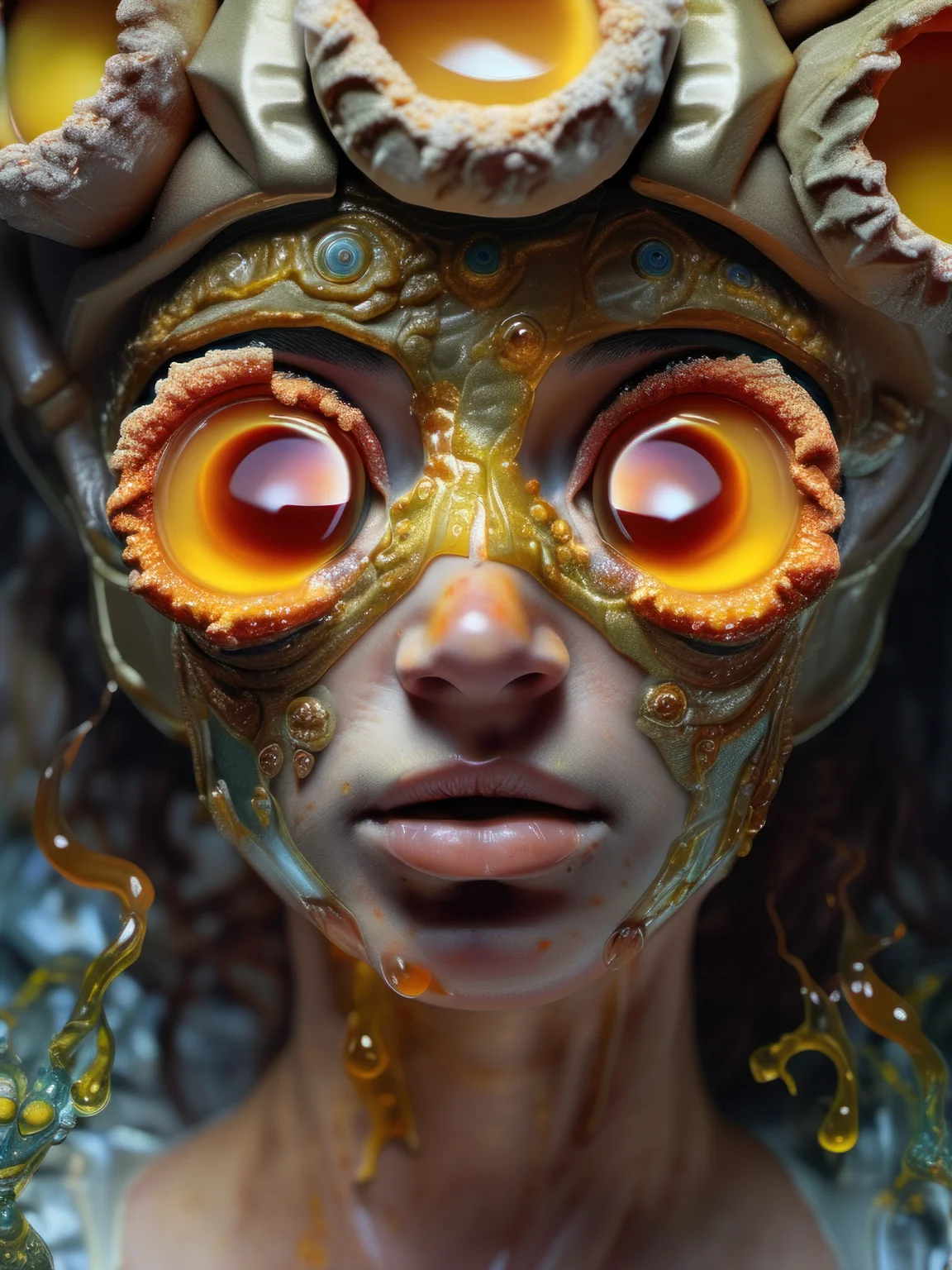 art by Jon Dyer Baizley, woman dripping egg yolks, eyes dripping honey. skin texture, highly detailed eyes, hyperrealism, highly detailed skin, intricate details, best quality, 8k, (art by alphonse mucha), <lora:sdxl_photorealistic_slider_v1:1.5>