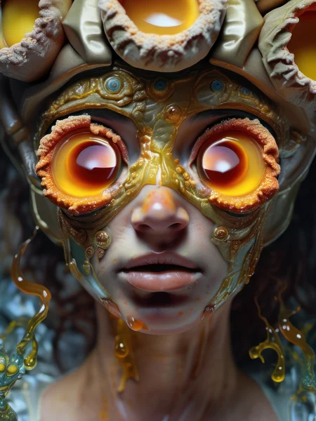 art by Jon Dyer Baizley, woman dripping egg yolks, eyes dripping honey. skin texture, highly detailed eyes, hyperrealism, highly detailed skin, intricate details, best quality, 8k, (art by alphonse mucha), <lora:sdxl_photorealistic_slider_v1:1.5>