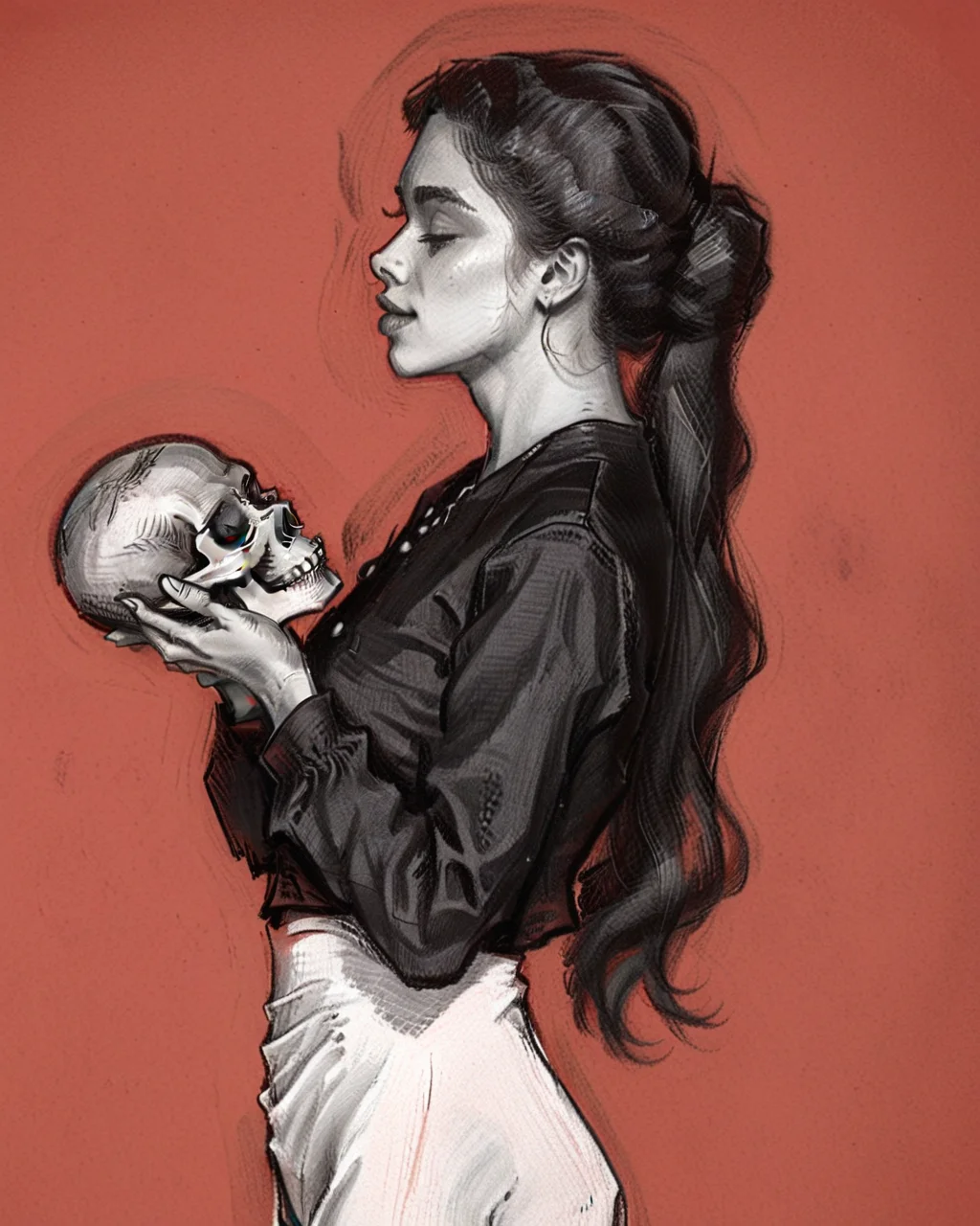 pixeldust_sketch, (big skull in hand, 1girl, solo, long hair, simple background, long sleeves, holding, jewelry, upper body, monochrome, earrings, parted lips, wide sleeves, hair bun, from side, profile, makeup, half-closed eyes, single hair bun, lipstick, kiss, red background, eyeshadow, spot color, red theme, holding skull, fingernails)0.9