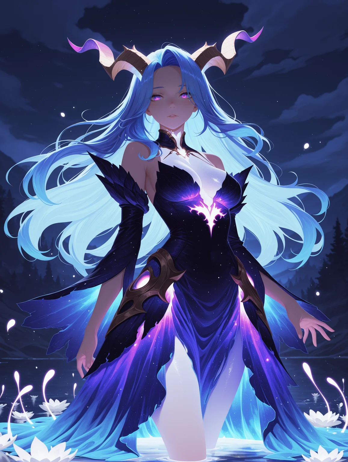 1girl, horned, swamps, luminescent blue hair, purple eyes, ethereal glowing dress, long hair, night, white glow, no lineart
,masterpiece,best quality,amazing quality,