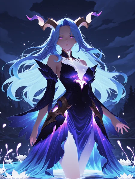 1girl, horned, swamps, luminescent blue hair, purple eyes, ethereal glowing dress, long hair, night, white glow, no lineart
,masterpiece,best quality,amazing quality,