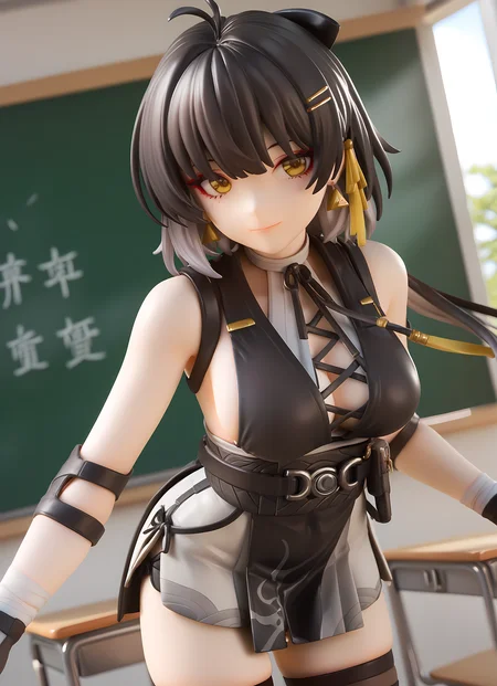 score_9, score_8_up, score_7_up, source_anime, highly detailed figure,ohwx, 1girl, solo, black_hair, breasts, yellow_eyes, hair_ornament, large_breasts, long_hair, hairclip, jewelry, earrings, ribbon, short_hair, ahoge, medium_breasts, multicolored_hair, very_long_hair, brown_eyes, parted_lips, hair_ribbon,bare_shoulders, gloves, sleeveless, black_gloves, sideboob, fingerless_gloves, thighhighs, cleavage, dress, black_dress, black_thighhighs, thigh_strap, shorts, bandages, belt,standing, leaning forward, looking at viewer, light smile, closed mouth, shiny skin, tight clothes, window, sunlight, classroom, blurry, cowboy shot, dutch angle, close-up,<lora:rover_female_pony_sobsynapse-000004:1>