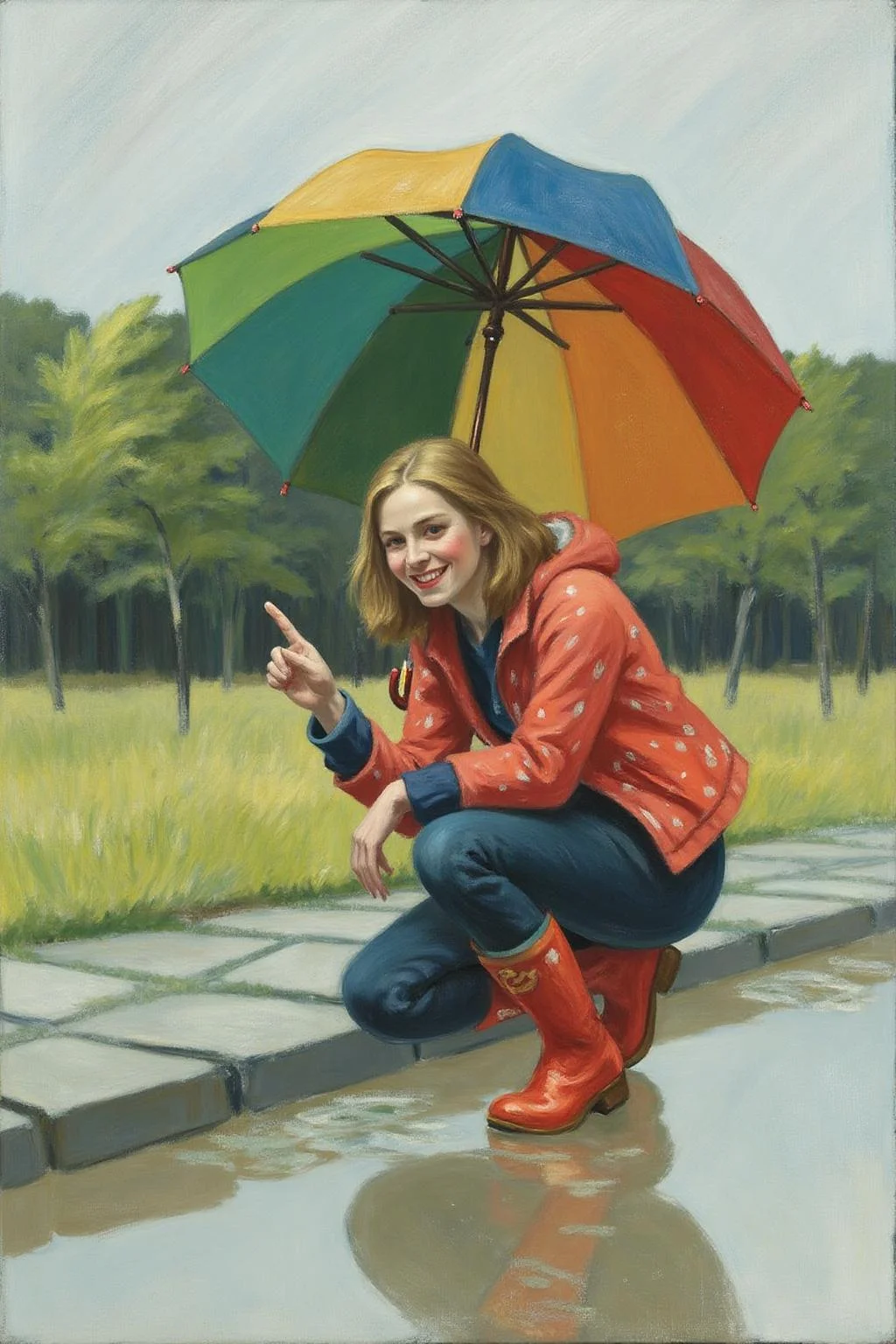 edwardhopper1 painting.
A young woman, angled from slightly above and to the right, crouching low to the ground in a puddle. The young woman is wearing bright red rubber boots and a red jacket with white polka dots. The jacket sleeves are pushed up to reveal blue cuffs. The young woman also wears dark blue jeans and has a smile on her face as she extends her right index finger to touch the water in the puddle. Above the young woman is a large, open umbrella with rainbow-colored panels and a red handle. The ground is wet and paved with grey stones, reflecting the sky and umbrella. The background is slightly blurred, showing hints of green grass and trees. The lighting is overcast and diffused, typical of a rainy day. <lora:edwardhopper1_cap_d8a4e11:1.0><lora:847399437918589054:0>