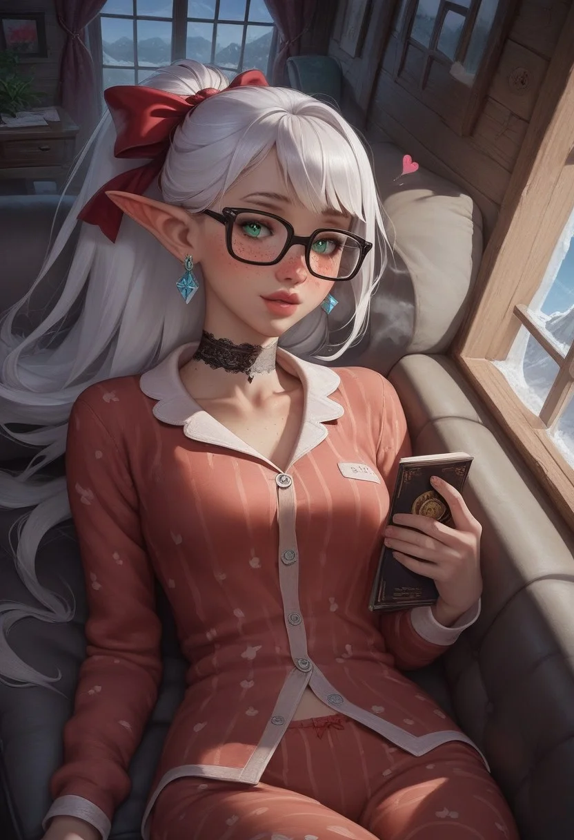 score_9, score_8_up, score_7_up, score_6_up, score_5_up, score_4_up, (hyperdetailed photography:1.5),( soft lighting:1.5), (bright lighting:1.5), (flat lighting), perfect face, 1girl,(floating hearts:2), (cowboy shot), (detailed background), detailed face, high angle pov, BREAK,
(2girls), (multiple girls:1.5), sisters, (glowing green eyes:1.5), bright eyes, (platinum hair:1.6), (high wavy ponytail:2), (hair ribbon:2), (asymmetrical bangs), (feathered bangs:1.7), wavy hair, (freckles:2.2),( elf ears:1.5),( elf girl:1.5), (french girl), (steamy breath:2), (blushing:1.4), (very pale skin), (happy:1.5), (yandere), (loving expression), (hourglass figure), (wide hips), small waist, slender, petite, BREAK, (lace choker:1.5), (rectangular glasses:1.6),(diamond earrings:1.5), (pajamas:1.5), lip gloss, BREAK,
(laying down on couch:1.5), laying down, reading book, holding book,
Indoors, living room, (log cabin), window, snowy landscape in window, beautiful curtains, cherry blossoms, , daytime, (beautiful sky:1.5), (colorful sky:1.5), (sunny day:1.5), (modern cabin:1.5),