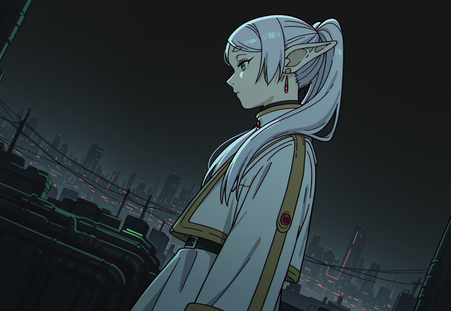 1girl, frieren, solo, close up, elf, from angle, outdoors, cyberpunk city,from side, from above, cowboy shot, night, neon, pollution, black sky, skyscrapers, dystopian