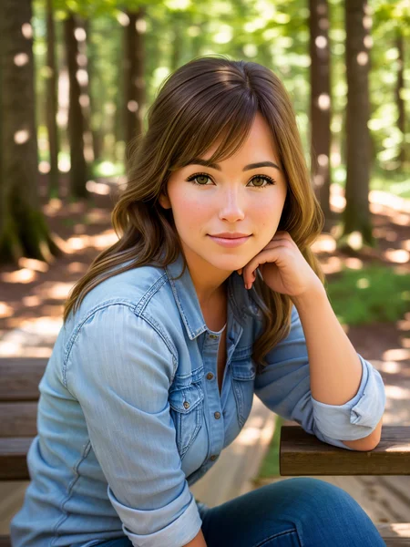 (close shot) portrait, a (woman) sitting on a wooden bench, Oregon scenery, natural lighting, (Leica R7), RAW photo, film grain, post-processing