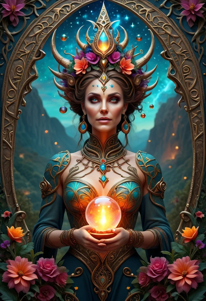 witchcraft, masterpiece, best quality, RAW photo of a mesmerizing alien goddess with whimsical elements, magical fairytale landscape, fantasy style art, bright colored theme, intricate details, ultra sharp, exquisite detail, flawless composition, vivid colors, masterpiece, exciting background, magical symbols, flower ornate, magic, wicca, gems and crystals, elaborate