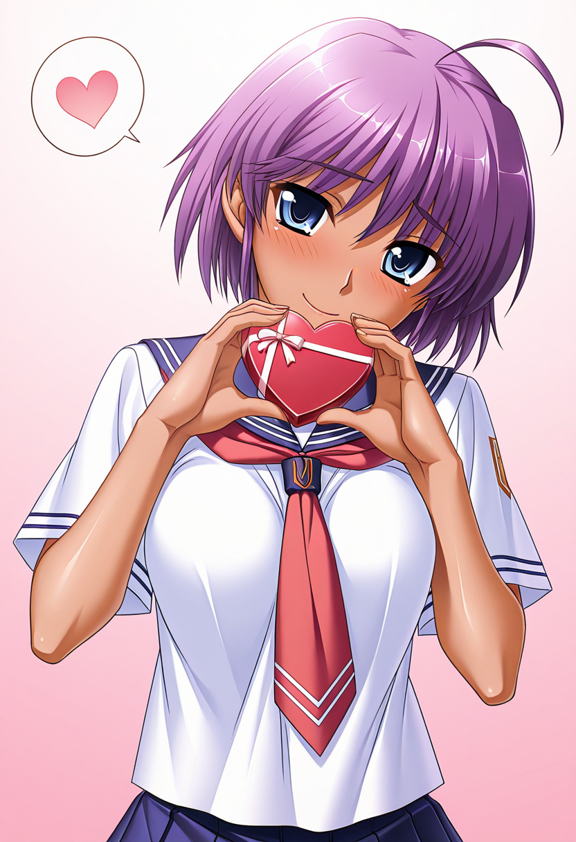 masterpiece, best quality, amazing quality, very aesthetic, absurdres, official art, ultra detailed, 
1girl, solo, uraga_m@na, short hair, ahoge, blue eyes, purple hair, dark-skinned female, medium breasts BREAK school uniform, serafuku, blue skirt, blue sailor collar, lovestruck, shy smile, blush, head tilt, looking at viewer, spoken heart, standing, holding heart gift, hand over own mouth, gradient background, pink background, front view, upper body, ultra detailed, best hands <lora:uraga mana v1.0-000017:1>