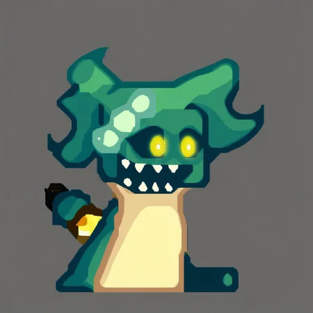 Score_9, score_8, score_7, score_6, source_cartoon, KintGurl, 1girl, solo, female focus, 2D, digital art, flat colors, clean lines, cartoonish, cartoon, Gradient shading, bold outlines, humanoid, square head, armless, disembodied hands, floating hands, Dark teal skinned female, Teal skin, colored skin, Black sclera, yellow eyes, circular eyes, no nose, no eyebrows, Ponytail, neckless, floating head, Tied hair, long hair, wavy hair, dark teal hair, teal hair, bow, bow on hair, light green bow, yellowish white apron, apron, full body, standing, glowing eyes, glowing yellow eyes, crouching, crouch, crouching pose, squatting, open mouth, teeth, hiding knife, hiding knife behind back, hand on floor, angled view, gray background