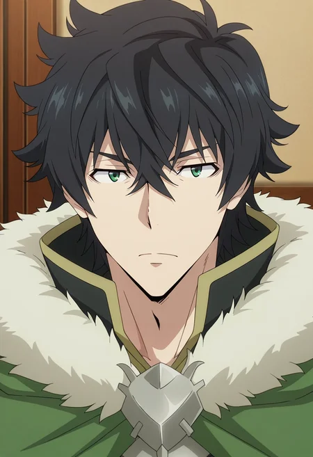 masterpiece, best quality, , anime screencap, anime coloring, , looking at viewer, 1boy, solo, male focus, <lora:naofumi_iwatani_ilxl:0.92>, naofumi_iwatani, black hair, green eyes, short hair, hair between eyes, bangs, green cape, fur trim, ,