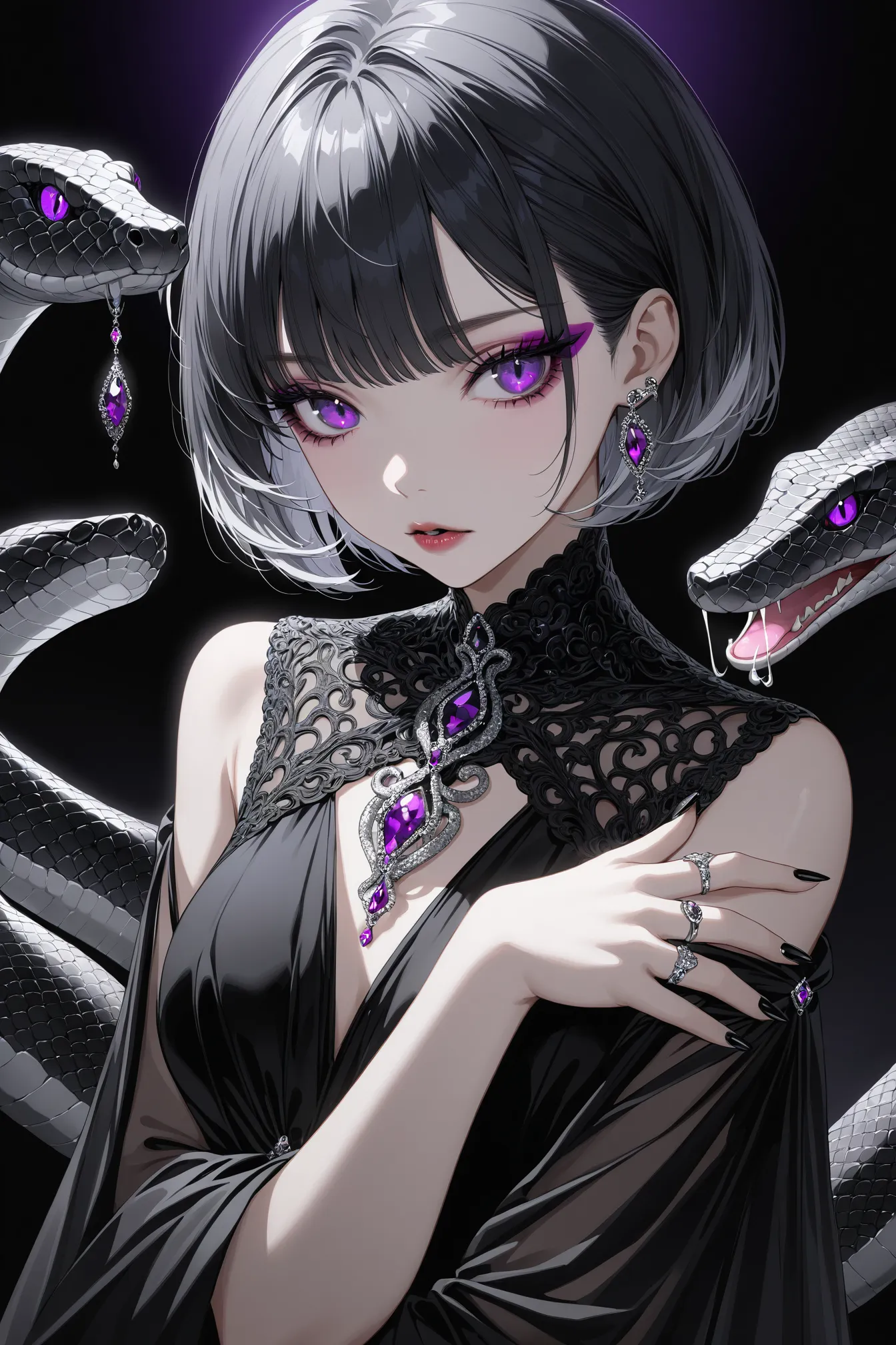 1girl, solo, black dress, black hair, black theme, dress, eyelashes, jewelry, makeup, parted lips, purple eyes, ring, short hair, silk, silver hair, snake, masterpiece, best quality