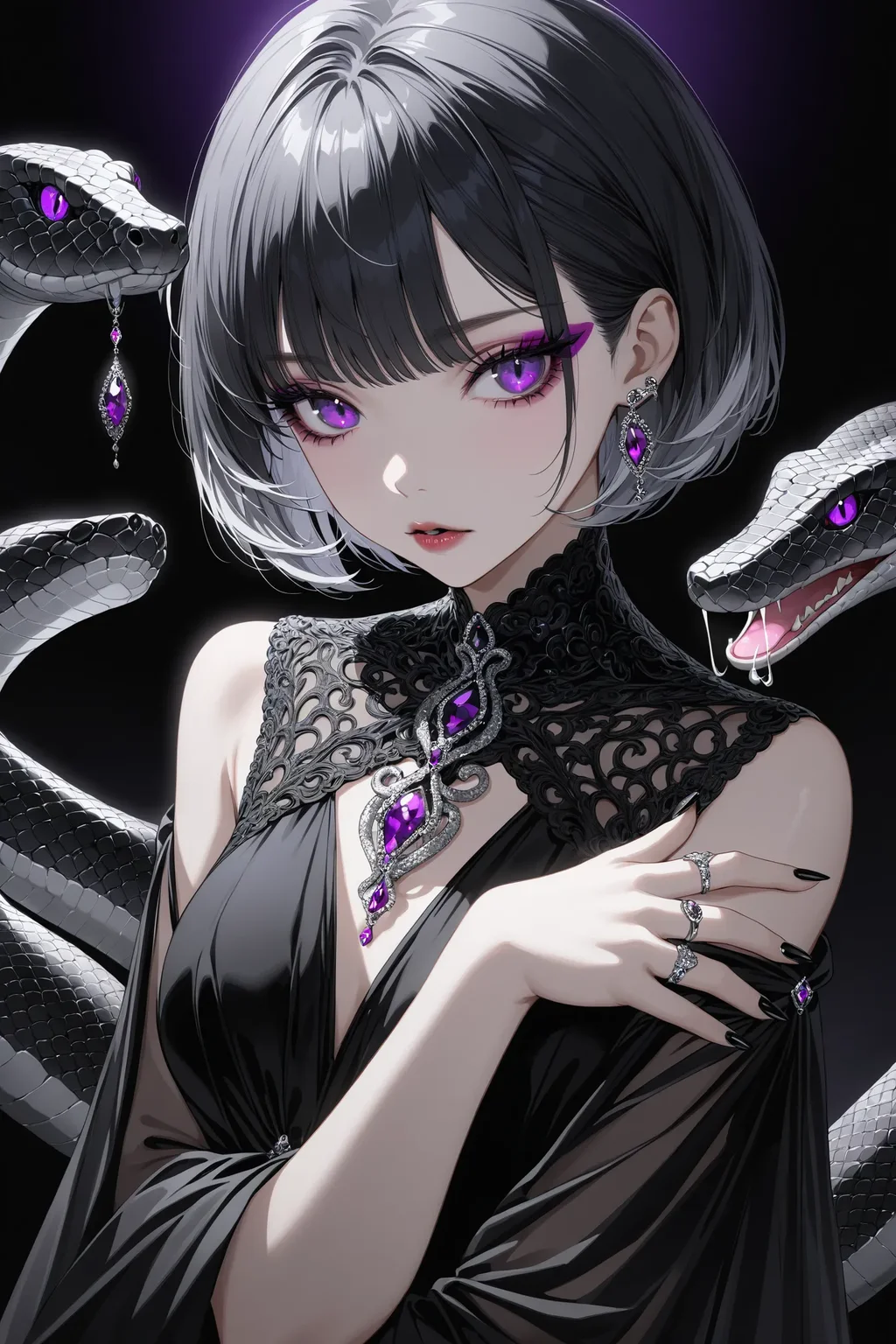 1girl, solo, black dress, black hair, black theme, dress, eyelashes, jewelry, makeup, parted lips, purple eyes, ring, short hair, silk, silver hair, snake, masterpiece, best quality