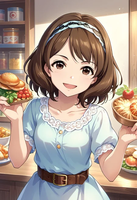 score_9, score_8_up, score_7_up, source_anime, nagatomi hasumi, brown hair, brown eyes, short hair, 1girl, solo, hairband, dress, looking at viewer, smile, open mouth, giving, short sleeves, food, belt, collarbone