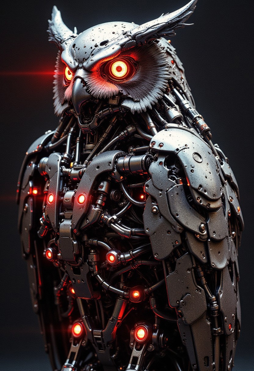a_skynet_cyberdyne_craft, the image is featuring a Cyberdyne mechanical robot owl, adorned with intricate, metallic details, including bolts, wires, and mechanical components, giving it a highly advanced, industrial military look, red lights and diodes, silvery alloy, silhouetted, dark background, lit from one side