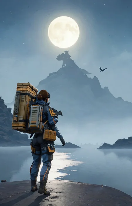 a lovely fascinated girl carries a sizable cargo while wielding a firearm, encapsulating the game's unique blend of isolation and combat., a vast, A moonlit lake, with fog rolling over the water and mysterious shapes beneath the surface sky ,moon just appeared ,Command base in background, a girl wearing with armor,weapon, headgear,motocycle bpk, backpacker, <lora:BPKXLV1-000003:0.8>