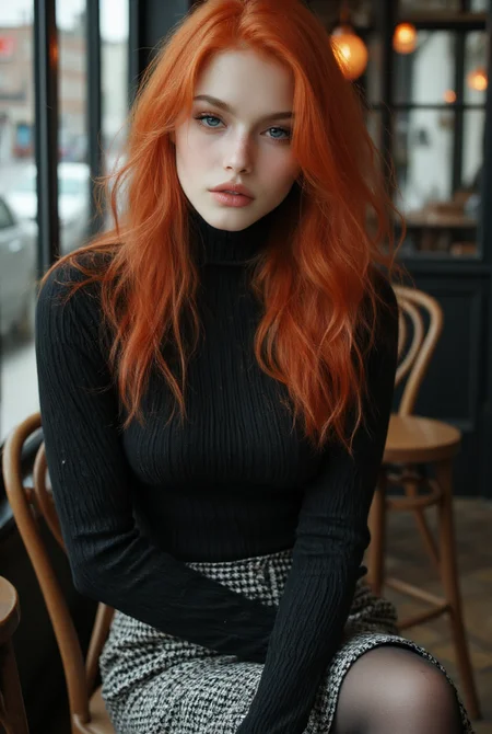 a woman (Aliciaw90) with long ginger hair and sparkling grey eyes sits in a cafe, black turtleneck jumper, houdstooth skirt, black pantyhose, <lora:midjourney_whisper_flux_lora_v01:1>, <lora:lora:1>, <lora:Aliciaw90:1>