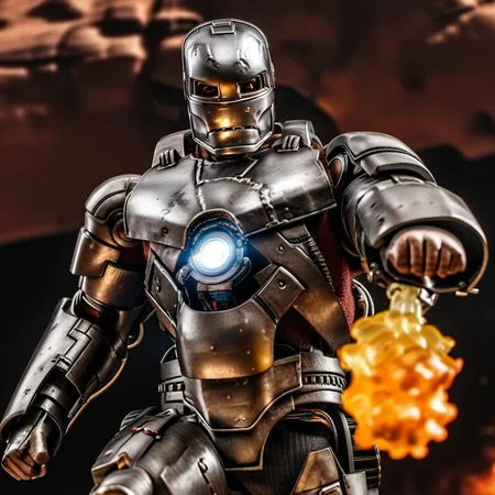 IronManMark1-1024, a robot, flames, desert , detailed eyes, highly detailed , photography, ultra sharp, film, bokeh, professional, 4k <lora:add-detail-xl:1.5> <lora:IronManMark1-1024:0.8>