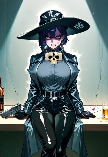 masterpiece, best quality, grimdark atmosphere, the interrogation room
Braek
1female inquisitor, she is dressed in a detailed leather coat, leather pants, and a black wide-brimmed hat with buckle and very angry and scary look and The Insignia symbol in the shape of the letter "I" on a chain around the neck, she put bltgun handgun weapon and a glass of strong alcohol with ice to desk, 