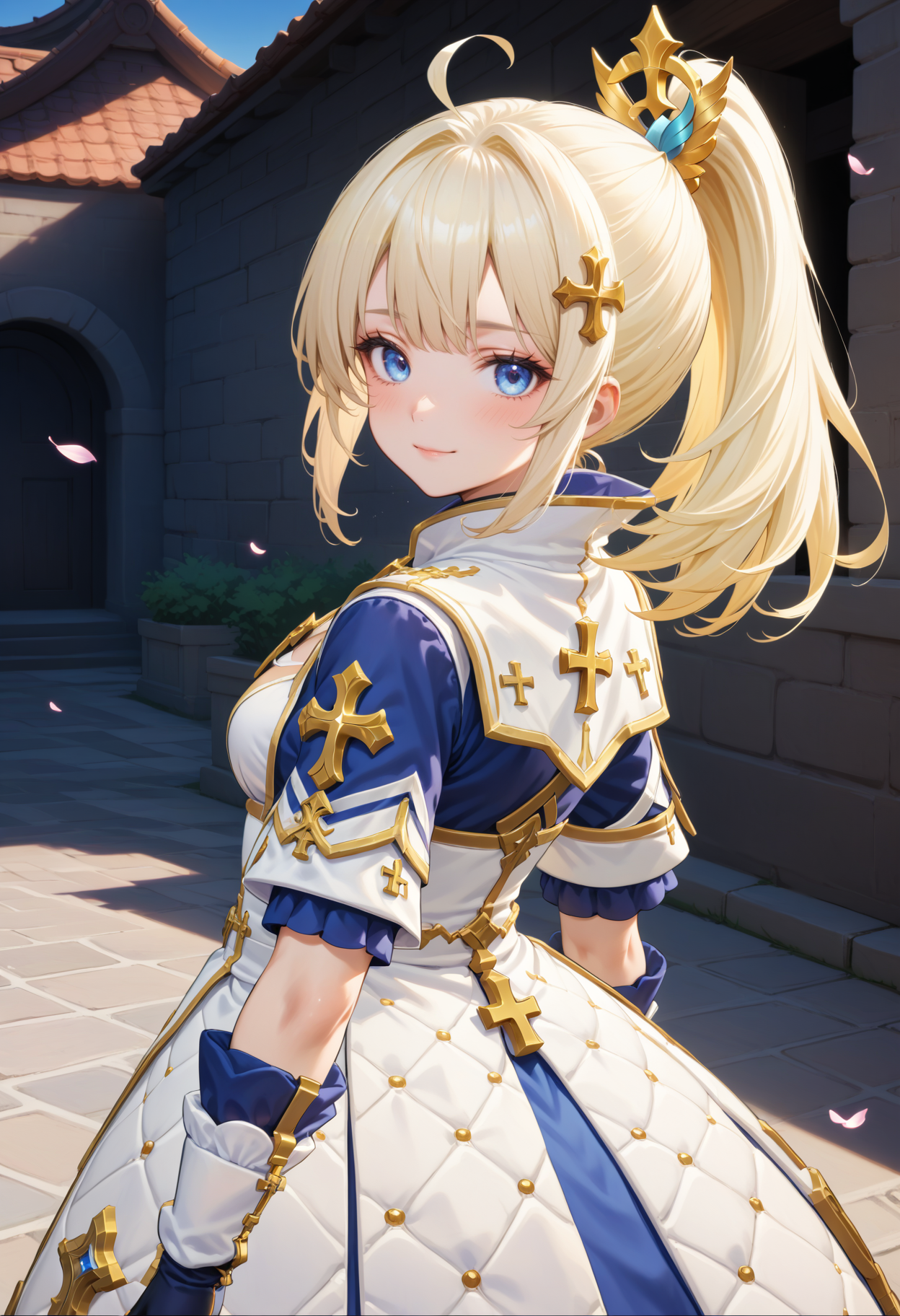 masterpiece, best quality, very aesthetic, absurdres, rom_saint_xl,
1girl, blonde hair, ponytail, hair ornament, blue eyes, light smile, head tilt, 
medium shot, from behind, looking back, looking at viewer, blue short sleeves with gold cross, outdoors, falling petals, light rays, tyndall effect, vivid colors, tranquil and magical atmosphere,
shiny skin, beautiful face, beautiful eyes, extreme detailed, official art, professional illustration, hires,
<lora:rom_saint_pony_xl:1>, <lora:aesthetic_anime_v1s:0.5>, <lora:add_details_xl:0.5>