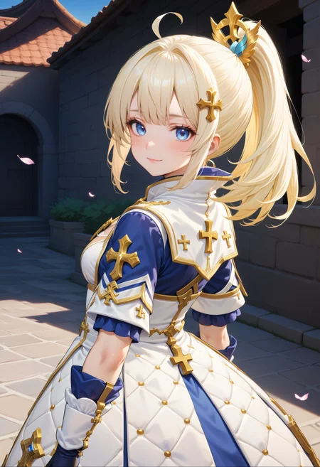 masterpiece, best quality, very aesthetic, absurdres, rom_saint_xl,
1girl, blonde hair, ponytail, hair ornament, blue eyes, light smile, head tilt, 
medium shot, from behind, looking back, looking at viewer, blue short sleeves with gold cross, outdoors, falling petals, light rays, tyndall effect, vivid colors, tranquil and magical atmosphere,
shiny skin, beautiful face, beautiful eyes, extreme detailed, official art, professional illustration, hires,
<lora:rom_saint_pony_xl:1>, <lora:aesthetic_anime_v1s:0.5>, <lora:add_details_xl:0.5>