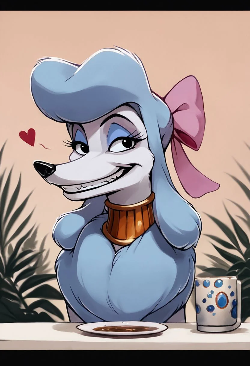 score_9,score_8,score_7,source_furry,
<1girl:1.5>,
<solo:1.5>,
georgette_oliver, georgette_poodle, 1girl, solo, furry female, furry, smile, bow, pink bow, hair bow, cup, letterboxed, parody, plant, grin, breasts, jewelry, style parody, upper body, teeth, poodle_girl, feral, dog, canine, poodle, sfw, safe,meme, Grimace,
detailed,
4k,
8k,
full hd,