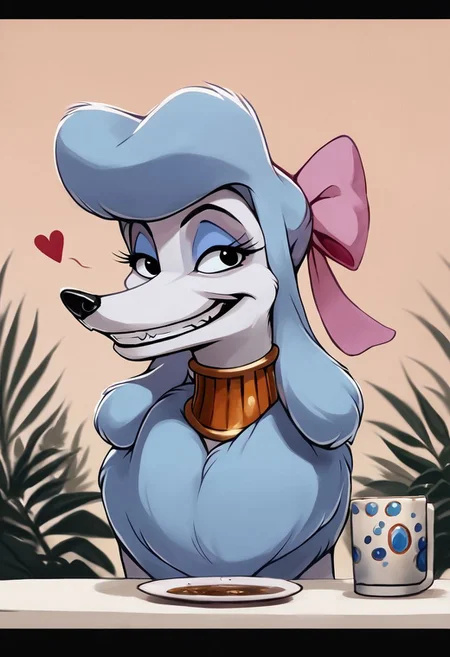 score_9,score_8,score_7,source_furry,
<1girl:1.5>,
<solo:1.5>,
georgette_oliver, georgette_poodle, 1girl, solo, furry female, furry, smile, bow, pink bow, hair bow, cup, letterboxed, parody, plant, grin, breasts, jewelry, style parody, upper body, teeth, poodle_girl, feral, dog, canine, poodle, sfw, safe,meme, Grimace,
detailed,
4k,
8k,
full hd,