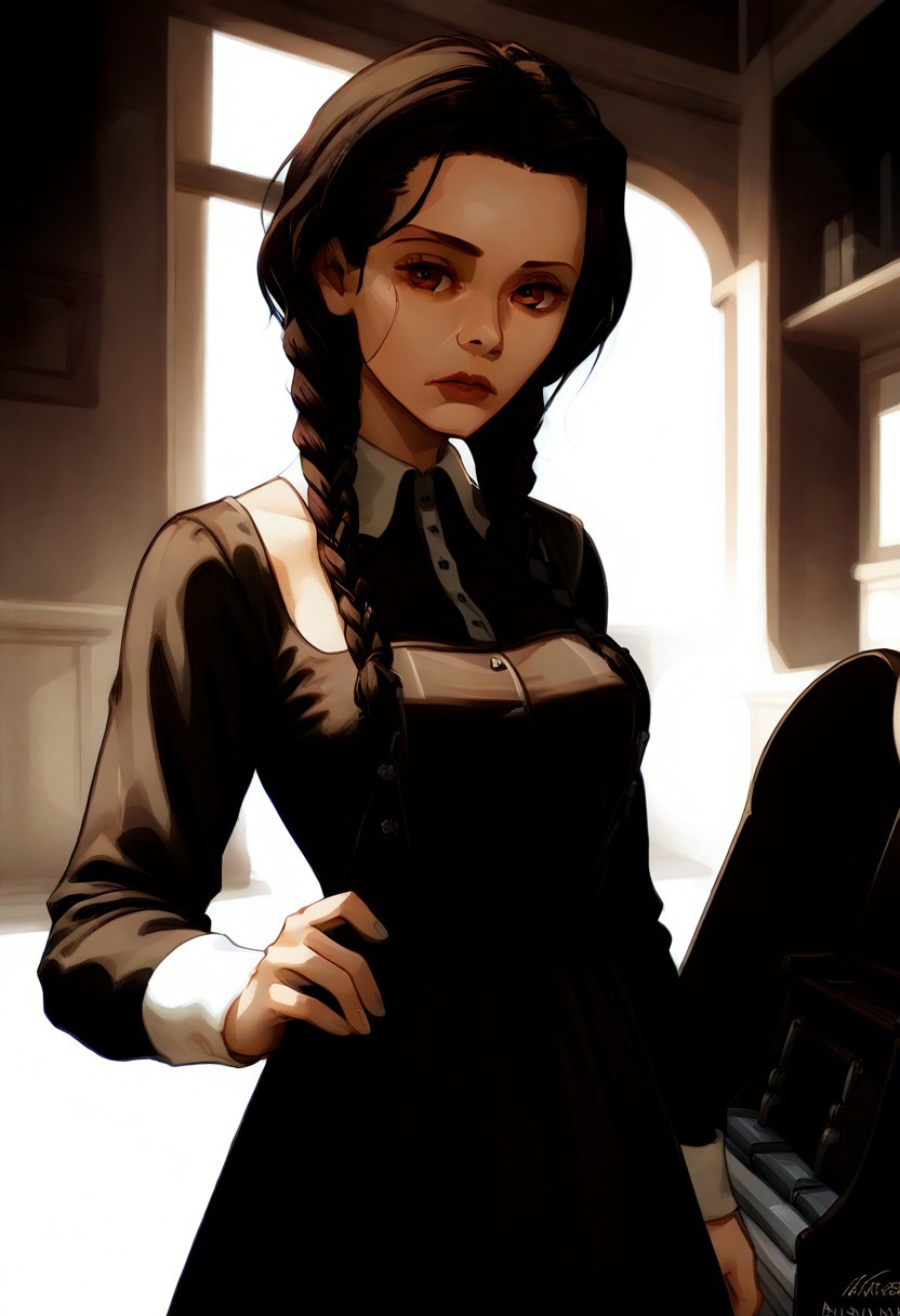 masterpiece, best quality, amazing quality, very aesthetic, 1girl, black hair, twin braids, brown eyes, collared dress, black dress, long sleeves, adult female, mature female, breasts, musical instrument, bagpipes, kilt, plaid,