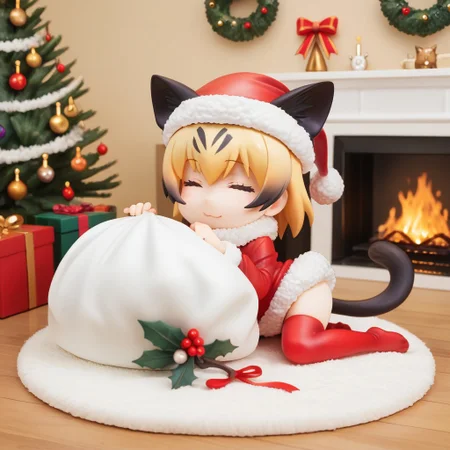 1girl, ((solo)), best quality, ultra-detailed, extremely detailed, perfect anatomy, masterpiece, score_9, score_8_up, score_7_up, Expressiveh, sand cat \(kemono friends\), 1girl, cat girl, cat ears, blonde hair, short hair, cat tail, christmas tree, christmas decoration, christmas ornaments, underneath Christmas tree background, indoors, santa cosplay, santa outfit, santa hat, santa's sack, Christmas outfit, giant sack of presents, fully clothed, Christmas themed thighhighs, thighhighs, santa's sack of presents, red ribbon collar, Christmas presents, Christmas themed, living room, fireplace, (chibi), cute, adorable, closed eyes, sleeping, smiling, laying on side, side view, tail_accessory, mistletoe_on_tail, mistletoe, closeup,