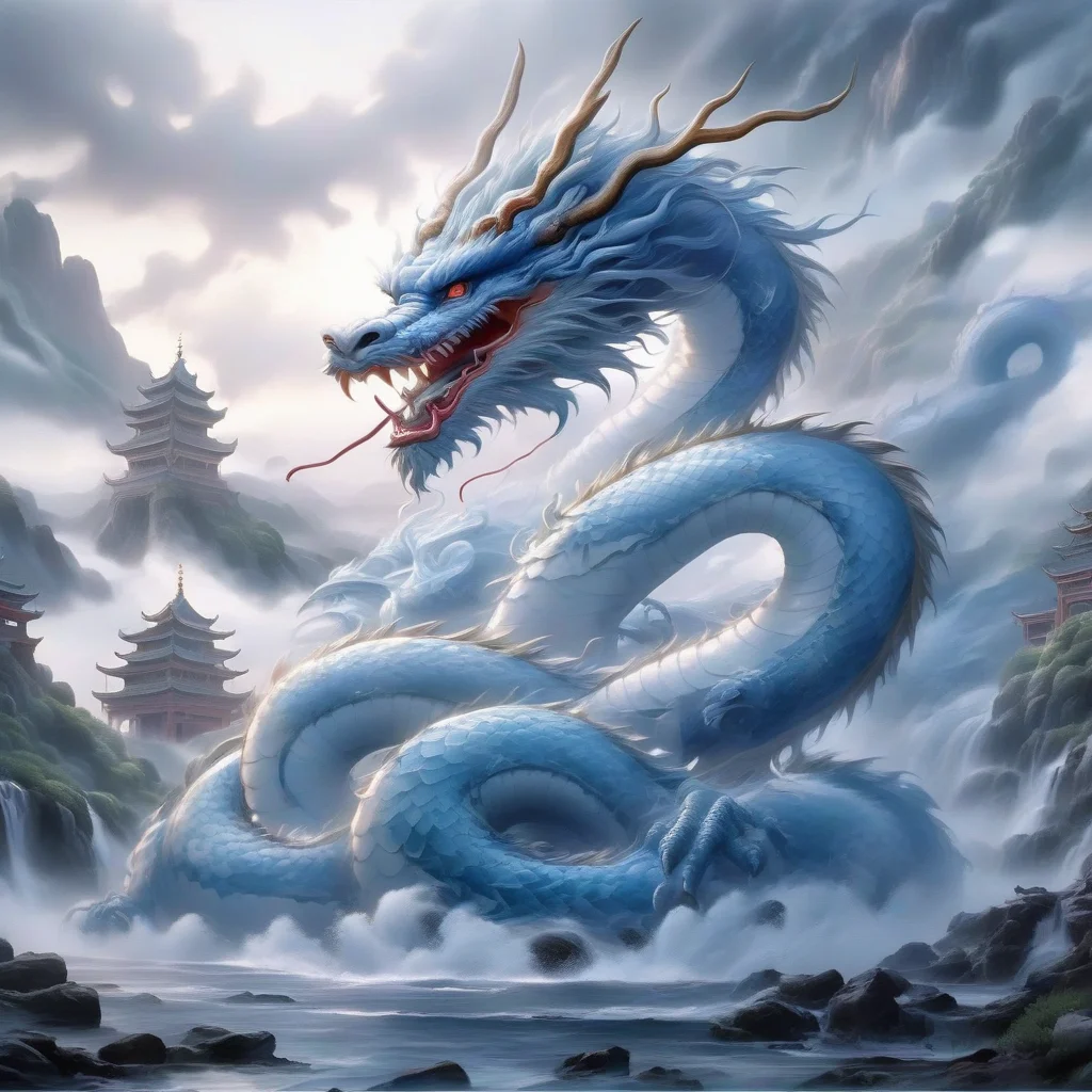 an image of light blue and white chinese dragon ,flowers,hills,river,cloud<lora:20240205_spring_dragon_checkpoint-4000:1.0>