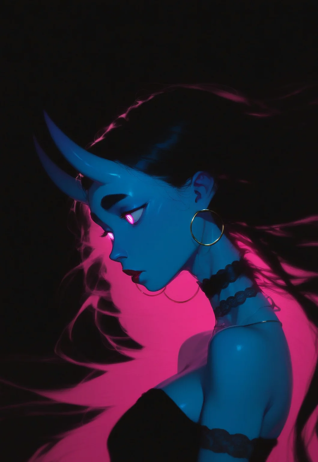 (Blend_in, black background), score_9, score_8_up, score_7_up, masterpiece, best quality, absurdres, vibrant, highly detailed, very aesthetic, straight on portrait, sidelightning, close-up, mature, beautiful, stunning, 1girl, solo, Kuroni Black, colored skin, deep blue skin, Aka-Oni, oni girl, straight horns, black hair, long hair, pink eyes, glowing eyes, short thick eyebrows, (((adult))), thin gold hoop earrings, lace-trimmed satin choker band, (matte red lips:1.2), black evening dress, black clothes, bare shoulders, looking to the side, head turned to the side, arms at sides
