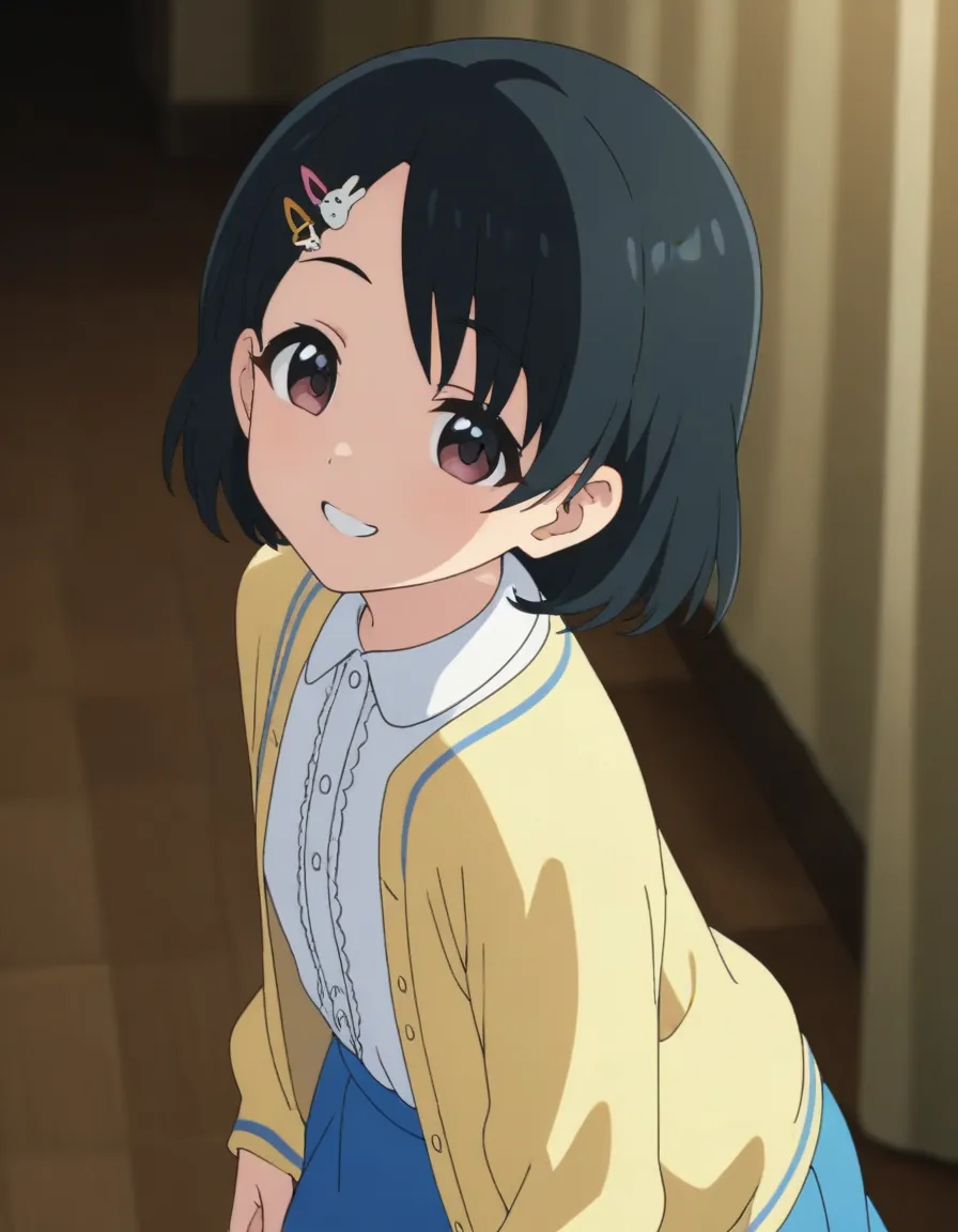 best quality,masterpiece,   4k, uncensored, prefect lighting, rating_explicit
1girl, solo,sasaki chie, short hair, black hair, hairclip, bangs, brown eyes
sskchie_AA,  yellow cardigan,  open cardigan, open clothes,white shirt, blue skirt
 ,smile, looking at viewer ,newest,official art 
<lora:sdxl_lightning_8step_lora:1>  <lora:sasakichie_animagine_v1:0.6>