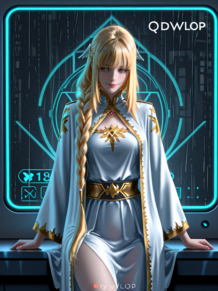 masterpiece,high quality,highres,absurdres,(<lora:Dolores Quovadis22:1>,1 girl,solo,long hair straight hair,blonde hair,thick braid,long braid,straight fringe,wing hair ornament,green eyes,cross pupils || Dolores_Quovadis_ceremonial,white ceremonial dress,long robe,gold embroidery,golden trim,wide sleeves,high waist sash),seductive smile,cute face,
holographic billboards flickering in the rain-soaked alleys of a cyber dystopia, a street racer adjusting her helmet.,
<lora:Half_Art_Style_IL:1>,wlop,