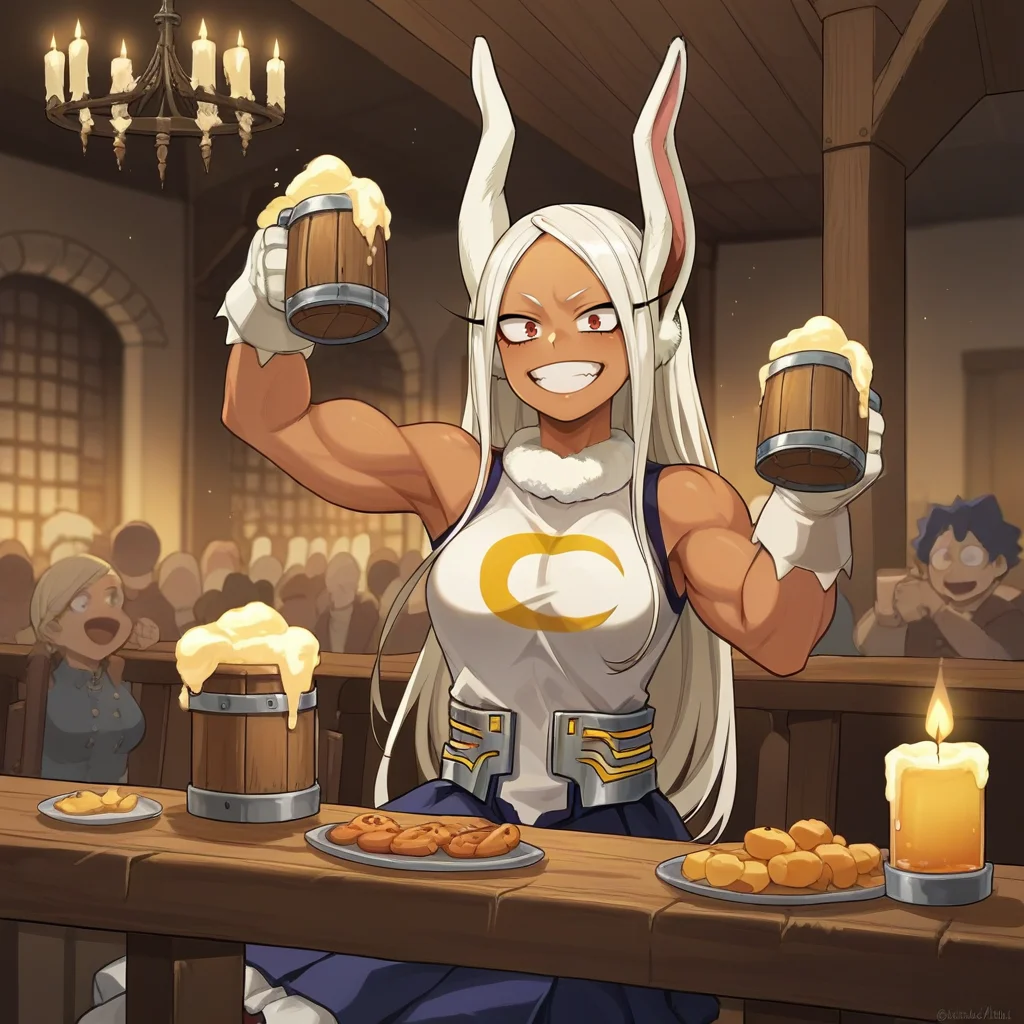 score_9, score_8_up, score_7_up, score_6_up, score_5_up, score_4_up, zPDXL2,source_anime,rating_questionable, 1girl, solo, night, night time,sitting, medieval armor,cheering, raising beer mug, excited, Mirko From Boku No Hero Academia , smile, <lora:Tavern:0.7> t4v3rn, indoors, tables, window, chandelier, candles, food, crowd