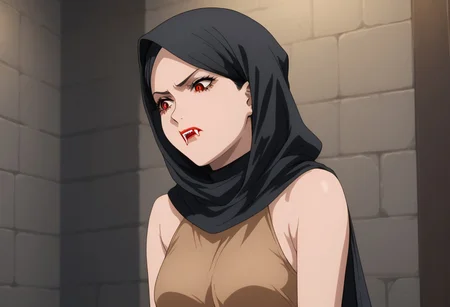score_9, score_8_up, score_7_up, score_6_up, score_5_up, score_4_up, source_explicit, BREAK, solo:1.6, 1girl, vampire, black hair, red eyes, brown cloth tube-tob, midriff,  (dungeon background:1.5), (long black hair sticking out from black hijab:), long black hair:1.7,  sleeveless, vampire fangs, , pale skin, , sm_an_stl, source_anime, anime screencap, anime, animification, BREAK,  , hijab , ((brown hemp top)), ((brown hemp clothing)),  stone walls, wall torches, bangs sticking out from hijab, stern expression,,  standing, bending down, discovering foot prints, investigating, looking down, thinking, cowboy shot , stone brick  well,