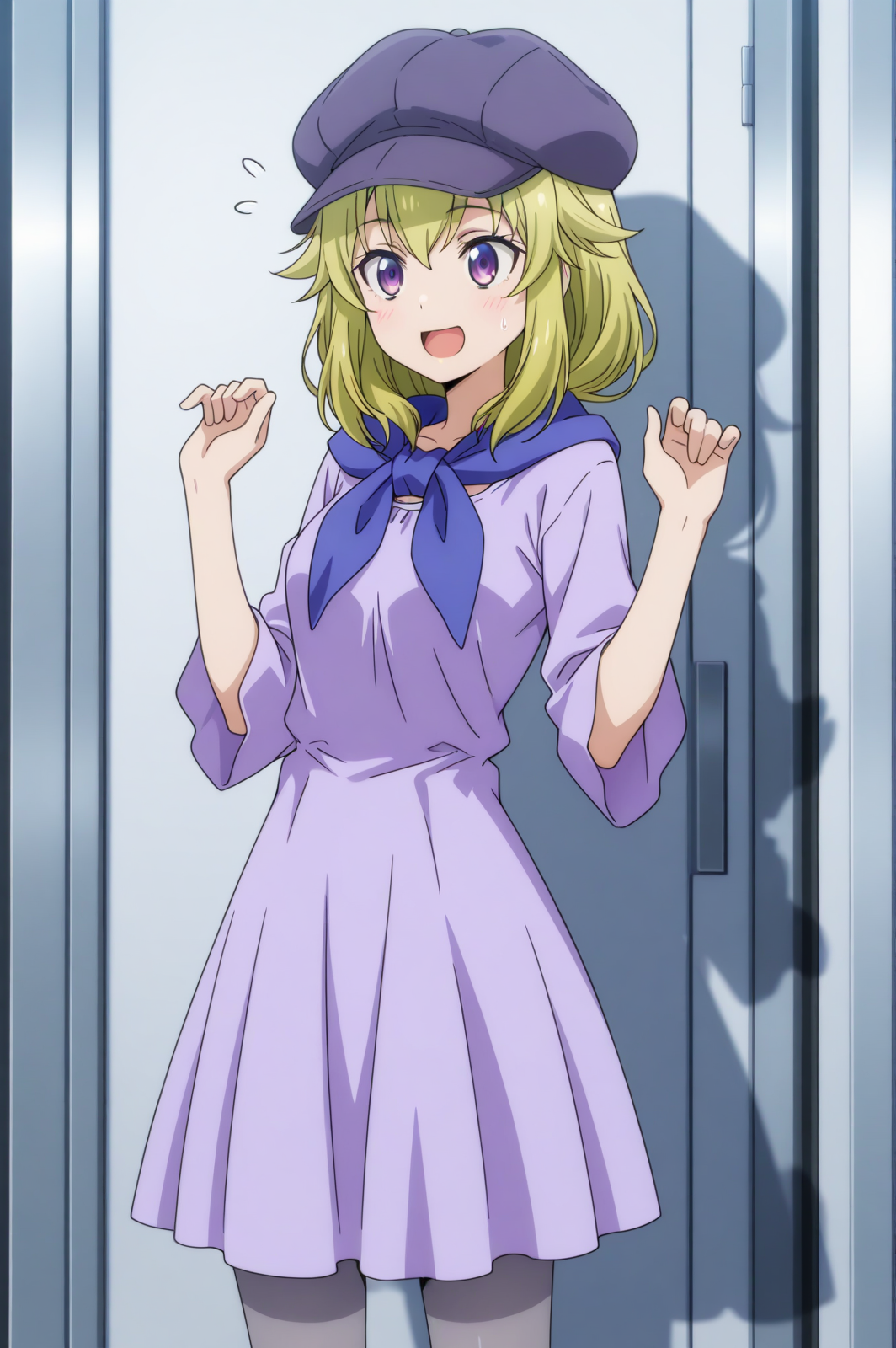 (cabbie hat blue scarf purple dress grey pantyhose:1.50), 
ag-akashic, purple eyes, green hair,
medium breasts, 1girl, solo, skinny,
(masterpiece, highres, ultra-detailed,very aesthetic, best quality, absurdres, high quality, highres), 
excited,
,
(:1.10), 
BREAK,
,
<lora:ag-akashic-V02-illXL-000003:0.70>