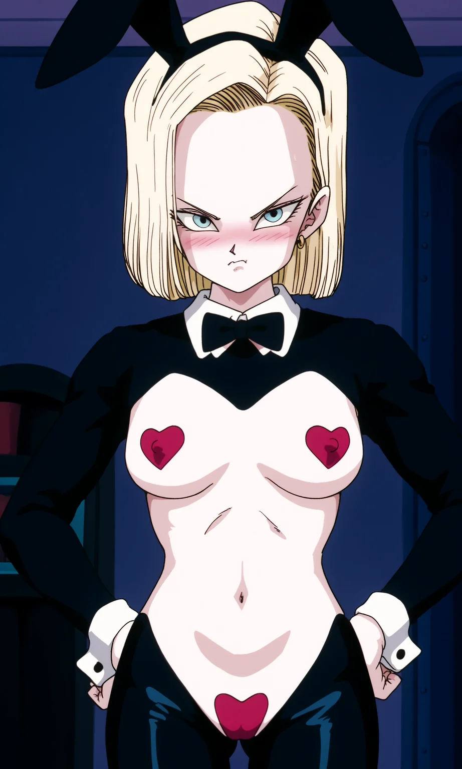 1girl, dbstyle, android_18, reverse_bunnysuit, pink_pasties, heart_pasties, shrug_(clothing), detached_collar, black_bowtie, hands_on_own_hips, looking_at_viewer, blush, indoors, closed_mouth, embarrassed, disgust