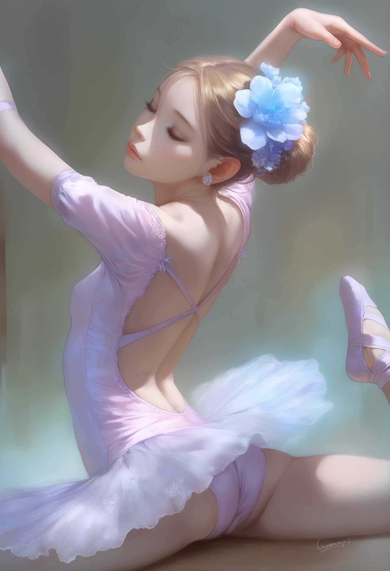 masterpiece, best quality, realistic, 1girl, solo, hair flower, ballerina, arabesque \(pose\), closed eyes<lora:1equals2_v1_5_noob:1.0>