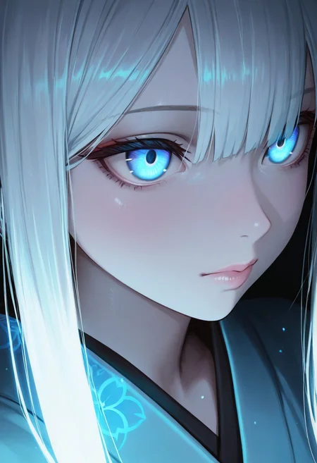masterpiece,best quality,amazing quality, anime,
1girl, solo, A close-up of a serene anime girl with pale skin, colored skin, (white skin:1.3, long glossy white hair with bangs, long white hair, glowing blue eyes with a hypnotic effect, soft warm lighting, wearing a light blue kimono, mysterious and cozy atmosphere, detailed hair texture, cinematic lighting, dark background, ultra-detailed, 8k resolution