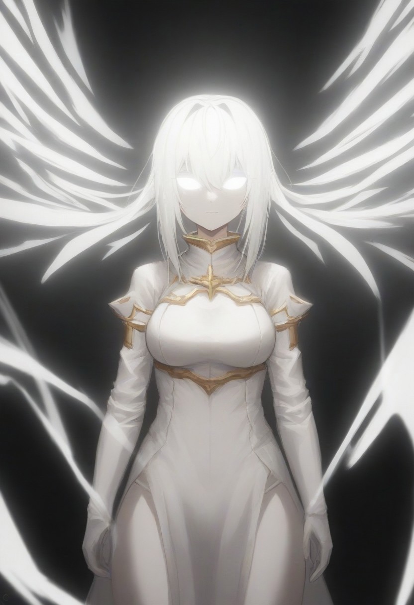 a glowing white knight woman in glowing white clothing, white glowing hair, glowing white eyes, against a black background