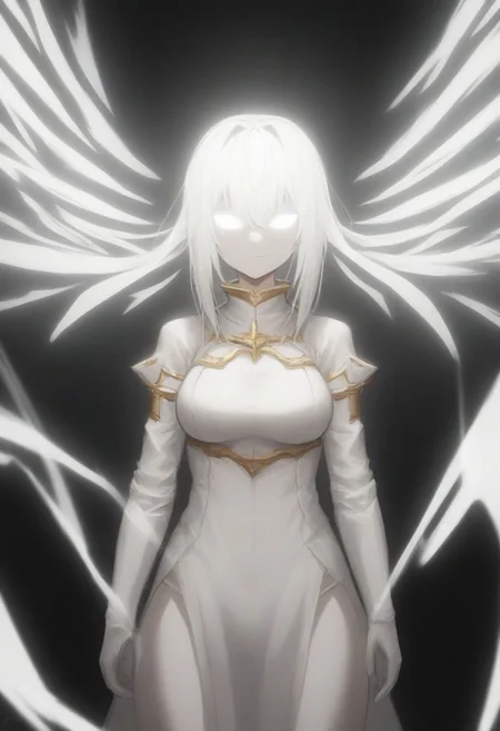 a glowing white knight woman in glowing white clothing, white glowing hair, glowing white eyes, against a black background