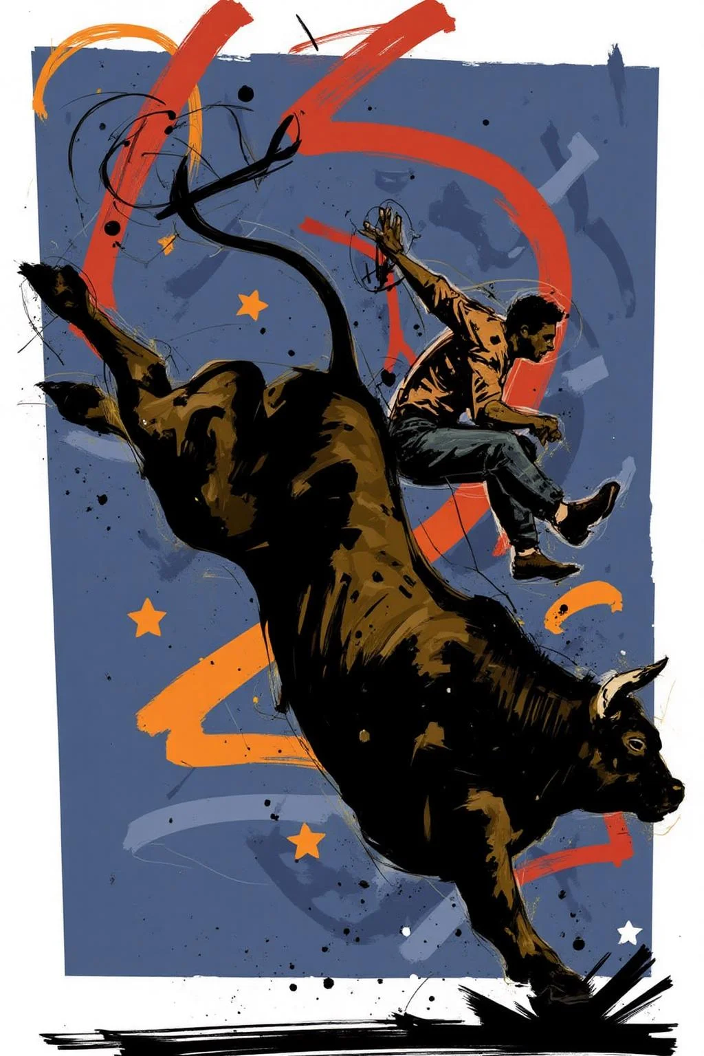 poster illustration. A man, shown in side profile, is riding a bucking bull. The bull is rendered in bold, dark tones. <lora:posterillustration_cap_d8a4e11:1.0><lora:846205361863095545:0>