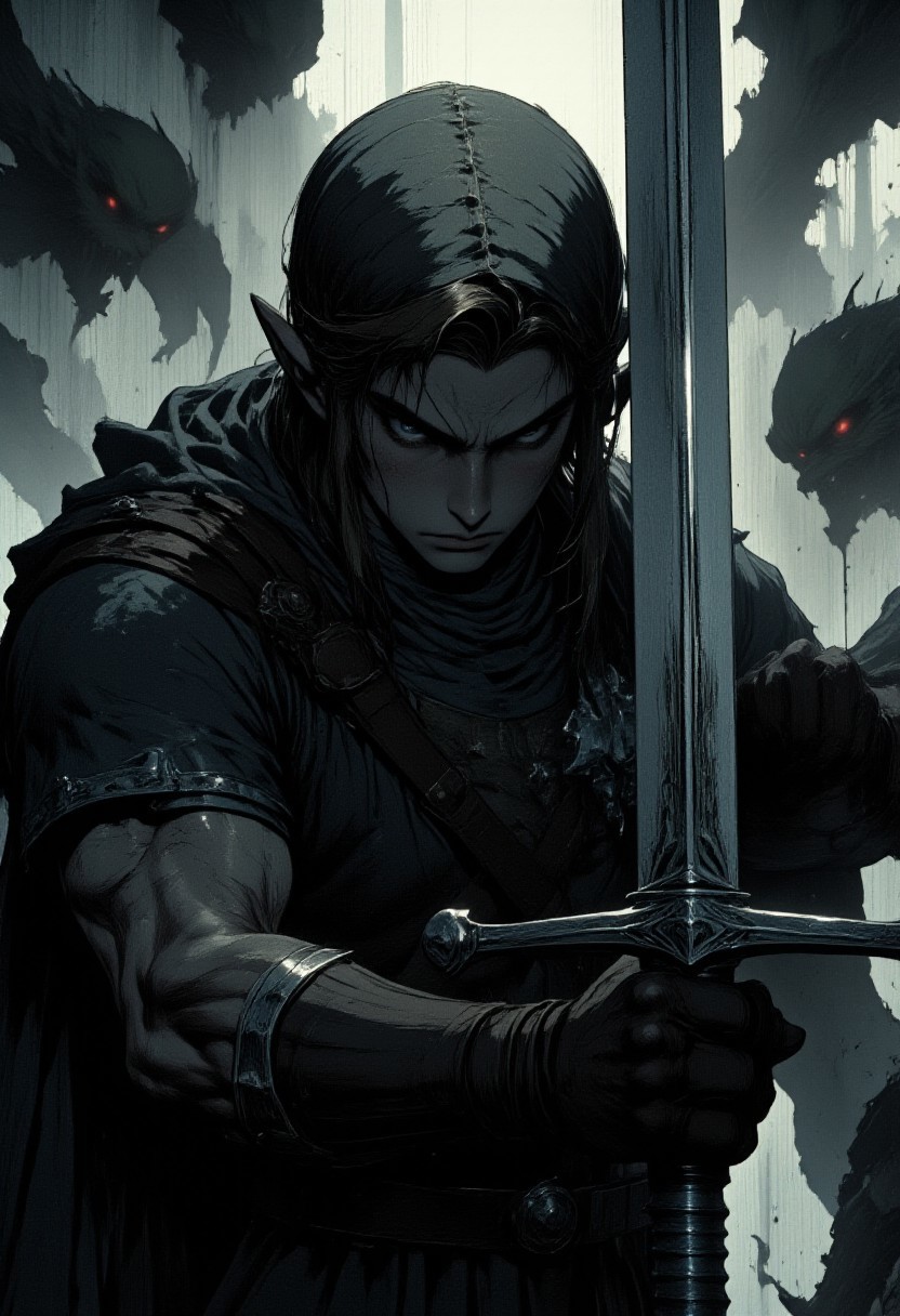 nistyle, Gritty Monochrome Manga-style, A cinematic close-up of Link, the legendary hero from The Legend of Zelda, standing in a battle-ready stance. His face is determined, his piercing blue eyes locked in focus. The camera lingers on the gleaming silver blade of the Master Sword, its legendary craftsmanship catching the dim light. Slowly, the camera begins to zoom out, revealing the eerie surroundings—dense, swirling fog obscures the battlefield. As the mist parts, grotesque green goblins emerge from the shadows, their menacing eyes glowing faintly in the darkness. They encircle Link, their snarls echoing through the misty air. The tension builds as the hero tightens his grip on the hilt, preparing for the inevitable clash. The scene is dark, moody, and cinematic, with dramatic lighting that highlights Link’s silhouette against the ghostly fog.